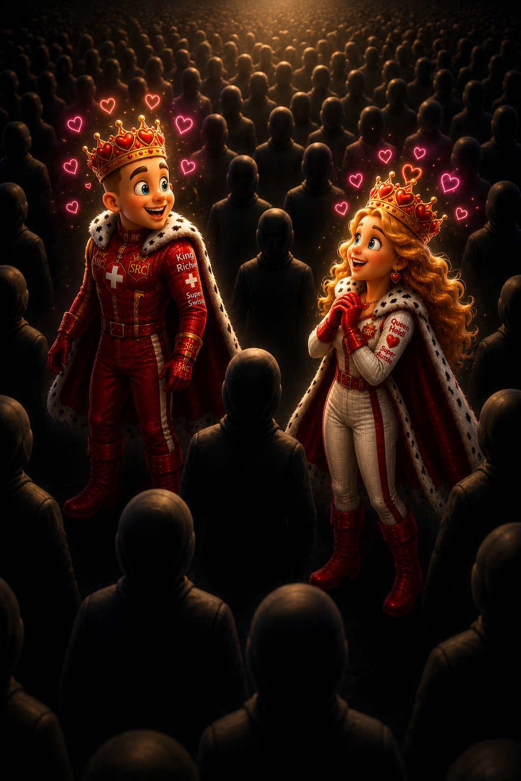 King Richie and Queen Heidi glowing with neon hearts before the crowd