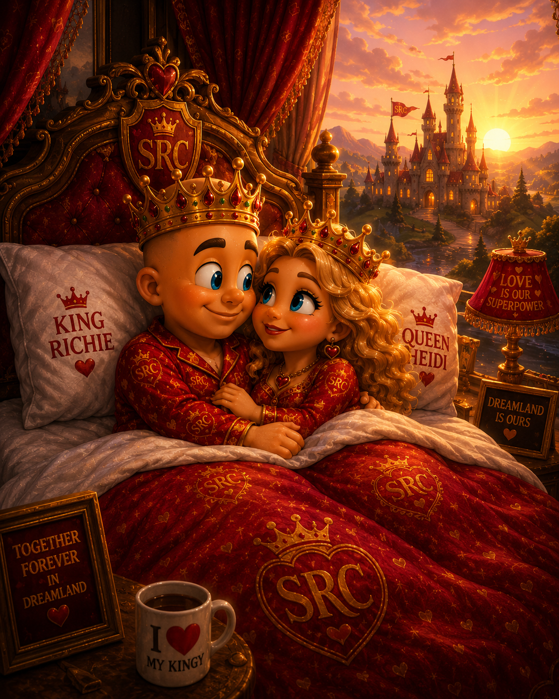 King Richie and Queen Heidi in their royal bedroom at Dreamland Castle
