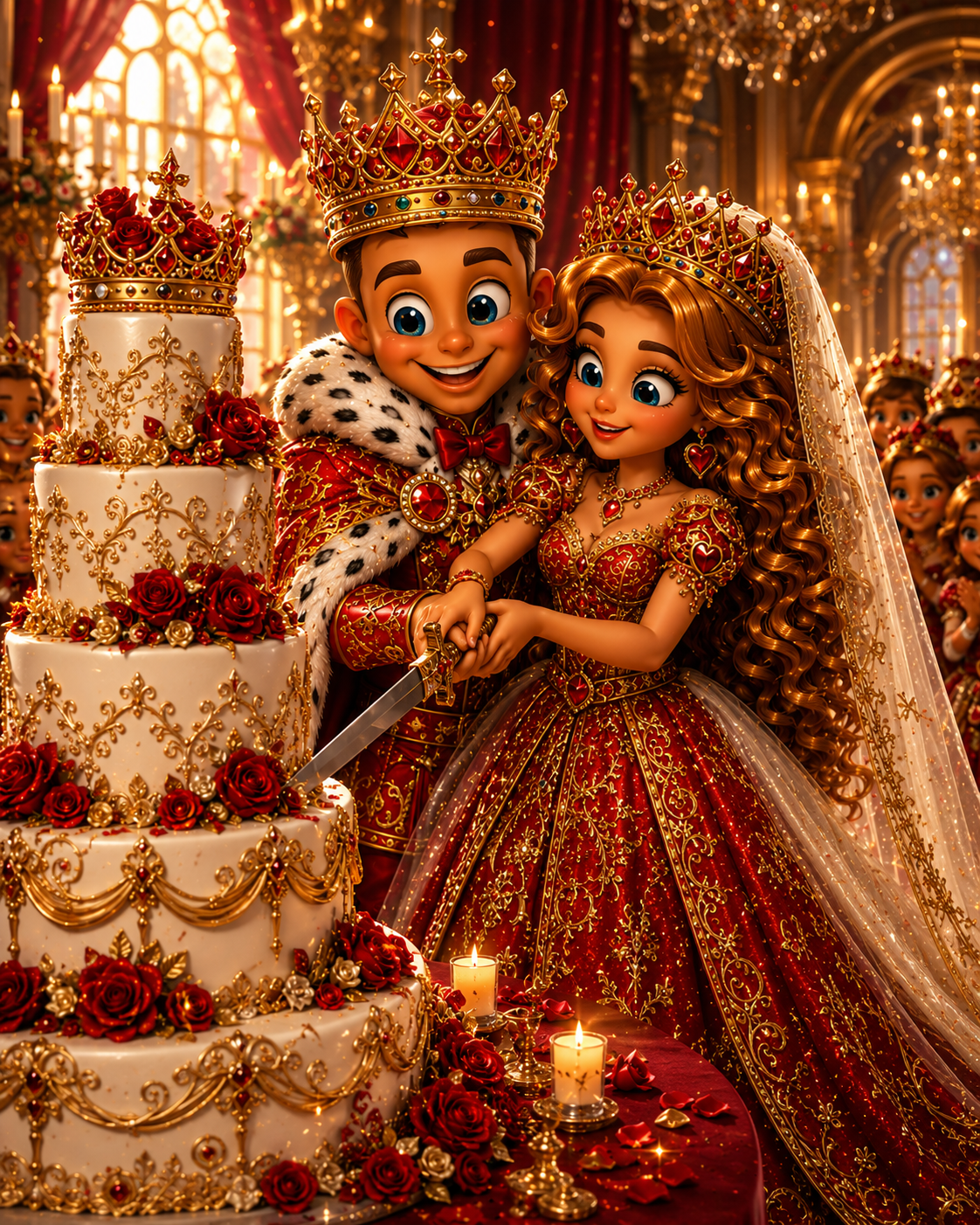 King Richie and Queen Heidi wedding portrait with red roses