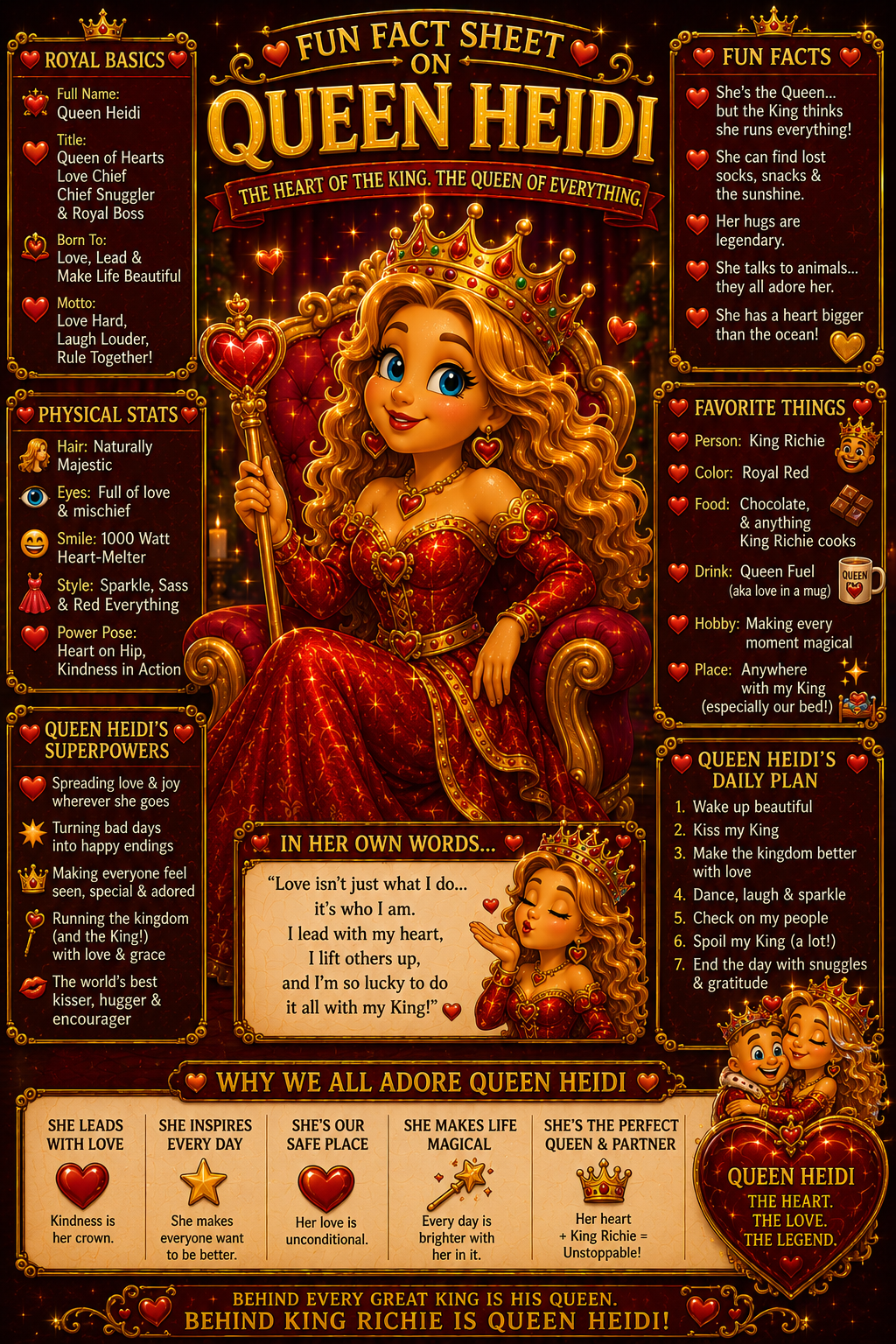 Fun Fact Sheet on Queen Heidi — The Heart of the King. The Queen of Everything.